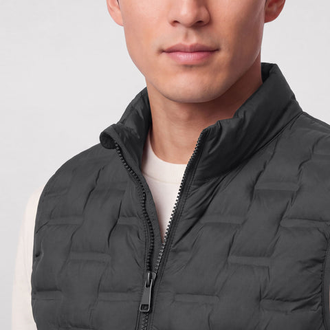 Close-up of the stand collar and front zip on the black quilted Drive vest.