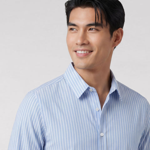The Everywear Shirt Standard Length in Fine Stripe, folded flat on a neutral background.