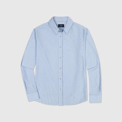 Detail of the Everywear Shirt Standard Length in Fine Stripe pattern and construction.