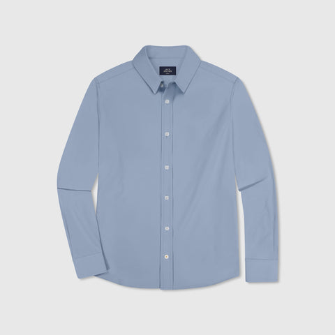 Detail view of the Everywear Shirt Shorter Length in Chambray Blue showing the dobby weave.