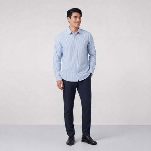 A secondary view of the Everywear Shirt Shorter Length in Fine Stripe on a model.