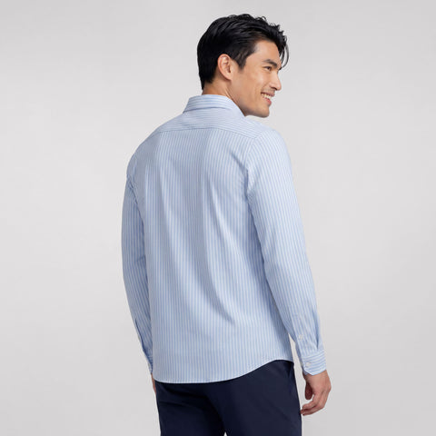 Back view of the Everywear Shirt Shorter Length in Fine Stripe.