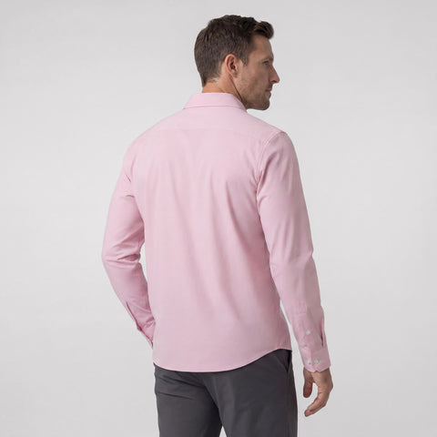 Back view of the Everywear Shirt Shorter Length in Soft Rose showing fit and dobby weave.