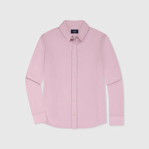 Detail of the Everywear Shirt Shorter Length in Soft Rose showing fabric texture and construction.