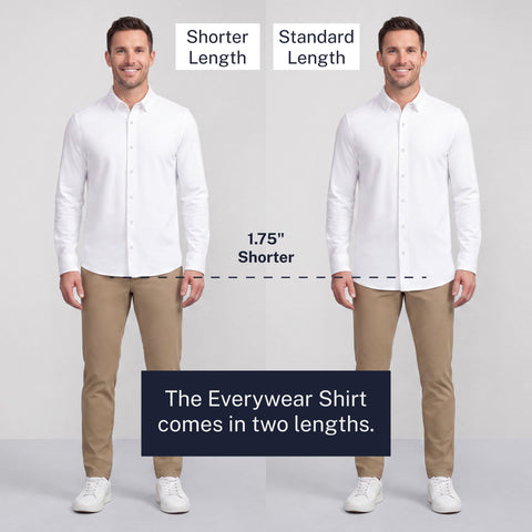 The Everywear Shirt Shorter Length in True White displayed in a casual lifestyle context.