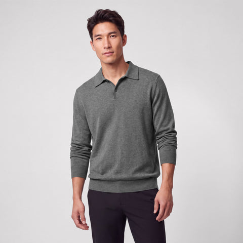 Heather grey long-sleeve knit polo worn open at the collar, shown from the front.
