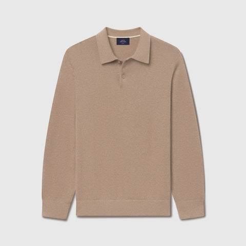 Mocha heather long-sleeve knit polo shown flat against a light background.
