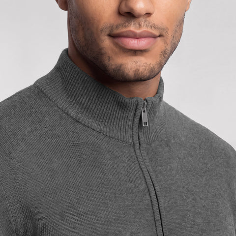 Close-up of the ribbed collar and zipper pull on a gray full-zip sweater.