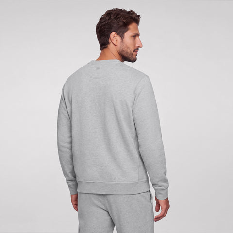 Heather gray crewneck sweatshirt shown from the back, with matching sweatpants.