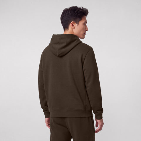 Espresso brown hooded sweatshirt shown from the back, with matching joggers.