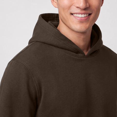 Close-up of an espresso brown hooded sweatshirt showing the hood and shoulder seam.