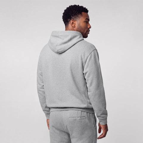Heather gray hooded sweatshirt shown from the back, with matching joggers.