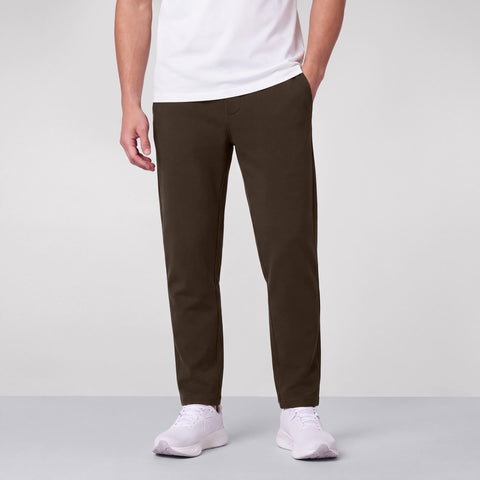 Espresso brown sweatpants worn with a white tee, shown from the front.