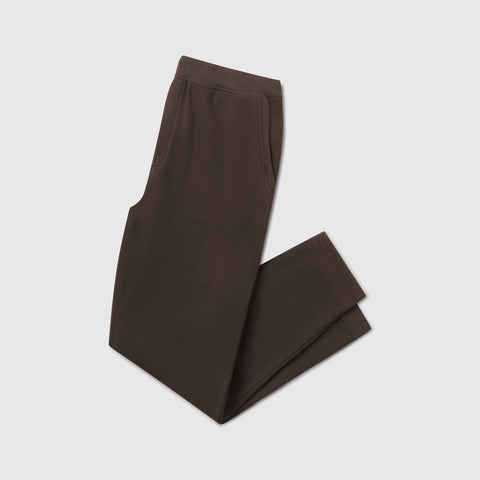 Espresso brown sweatpants folded flat against a light background.