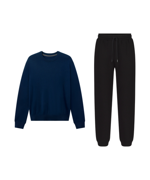 Lounge outfit flat lay: Anytime Crewneck Sweater in Deep Blue paired with black joggers