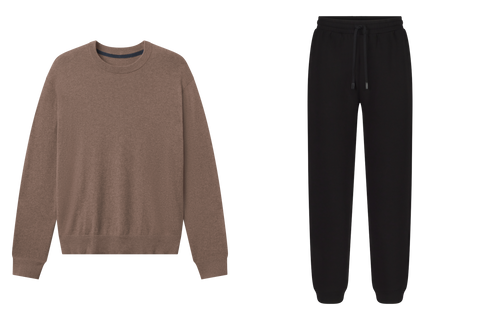 Outfit flat lay: Anytime Crewneck Sweater in Mocha Heather paired with Sandwash Jogger in True Black