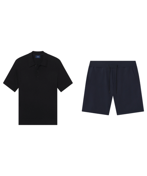 Black knit polo paired with navy drawstring shorts, shown flat.