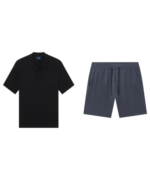 Black knit polo paired with slate blue drawstring shorts, shown flat.