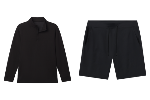 Travel outfit flat lay: black long-sleeve collared top with Atlas Short 8 inch in True Black