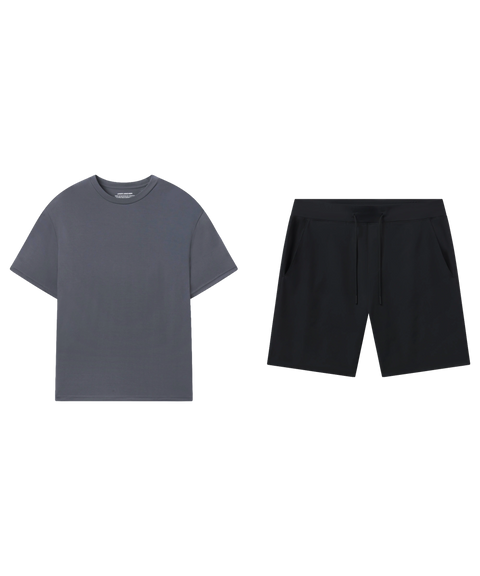 Charcoal crewneck tee paired with black drawstring shorts.