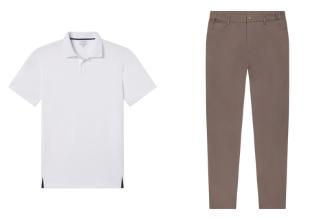 Smart casual outfit flat lay: white Clubhouse Pique Polo with Charter Twill Pant in Deep Taupe