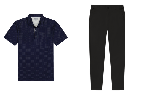 Travel outfit flat lay: Clubhouse Performance Polo in Navy Micro Dot paired with black Jetsetter Tech Pants