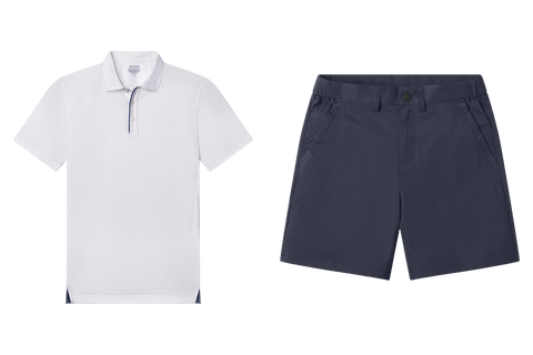 Outfit flat lay: Clubhouse Performance Polo in White Driveline paired with navy Jetsetter Tech Shorts