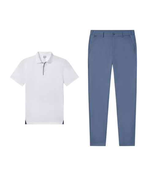 Weekend outfit flat lay: Clubhouse Performance Polo in White Driveline paired with slate blue pants