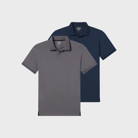The Pique Polo 2-Pack displayed with two polo shirts in charcoal and tidal