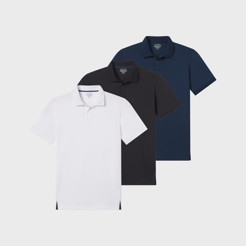 The Clubhouse Pique Polo Pack with white, black, and tidal blue polos