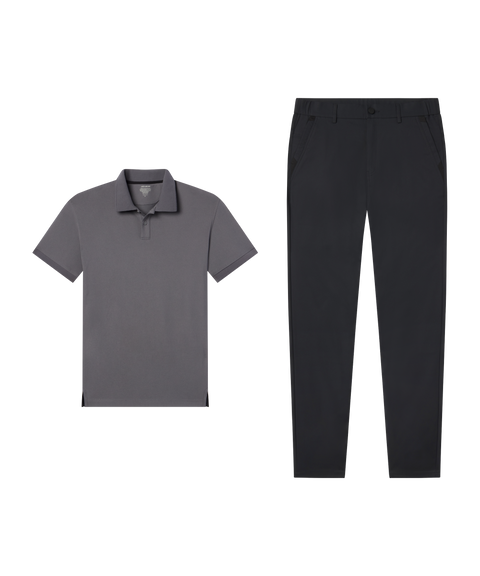 Business casual outfit flat lay: Clubhouse Pique Polo in Charcoal Gray paired with black pants