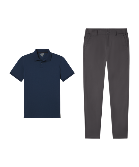 Business casual outfit flat lay: Clubhouse Pique Polo in Tidal Blue paired with charcoal pants