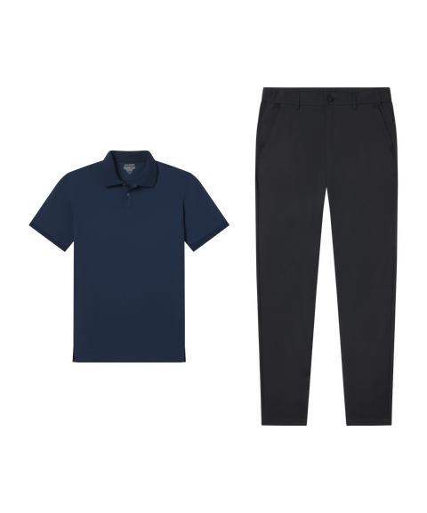 Travel outfit flat lay: Clubhouse Pique Polo in Tidal Blue paired with black pants