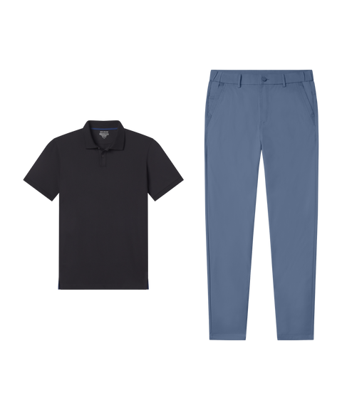 Weekend outfit flat lay: Clubhouse Pique Polo in True Black paired with slate blue pants