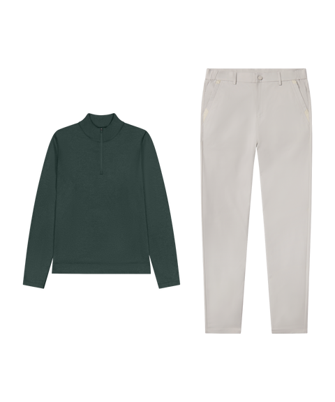 Outfit flat lay: Clubhouse Range Quarter-Zip in Alpine Green with Jetsetter Tech Pant in Ice Gray for business casual