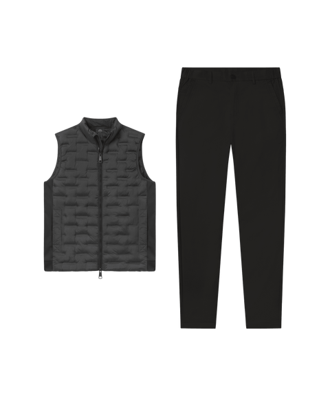 Black quilted Drive vest paired with black pants, laid flat side by side.