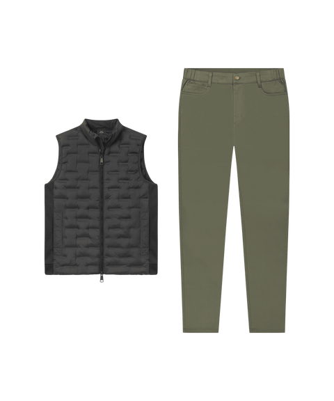 Black quilted Drive vest paired with olive five-pocket pants, laid flat side by side.