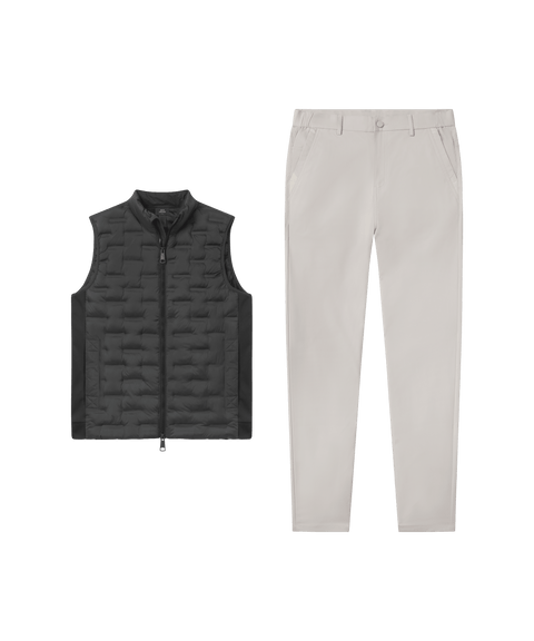 Black quilted Drive vest paired with stone pants, laid flat side by side.