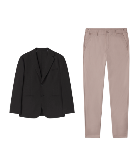 Business casual outfit flat lay: Jetsetter Blazer in True Black paired with dusty rose pants
