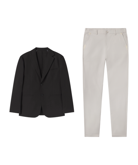 Date night outfit flat lay: Jetsetter Blazer in True Black paired with light beige pants