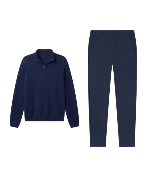 Outfit flat lay: Jetsetter Quarter-Zip Sweater in Navy paired with navy Jetsetter Tech Pants
