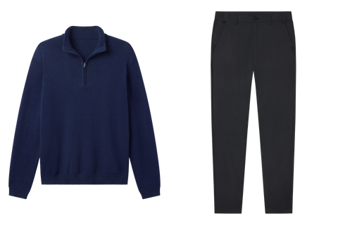 Outfit flat lay: Jetsetter Quarter-Zip Sweater in Navy paired with black Jetsetter Tech Pants