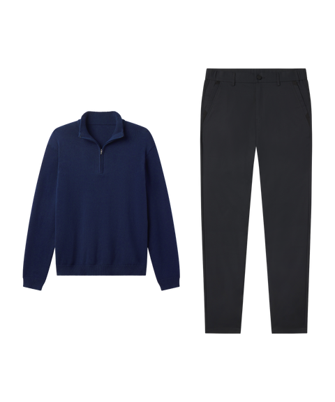 Outfit flat lay: Jetsetter Quarter-Zip Sweater in Navy paired with black Jetsetter Tech Pants