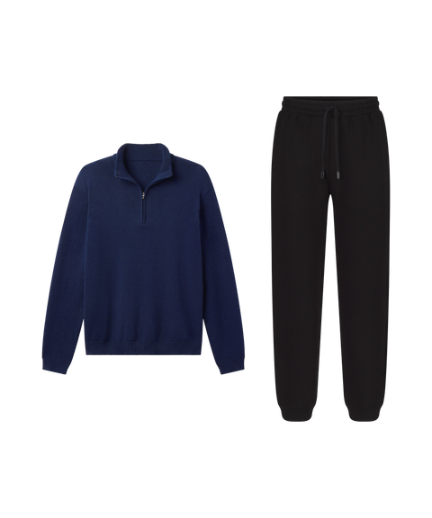 Lounge outfit flat lay: Jetsetter Quarter-Zip Sweater in Navy paired with black joggers