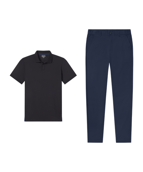 Outfit flat lay: black polo paired with Jetsetter Tech Pant, classic fit, in Deep Blue