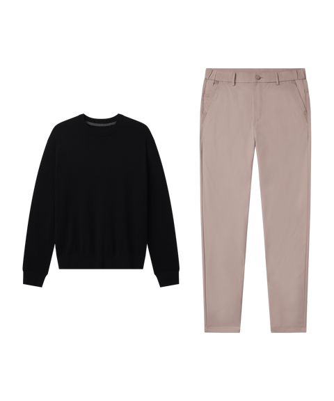 Outfit flat lay: black crewneck sweatshirt paired with Jetsetter Tech Pant, classic fit, in Oak Khaki