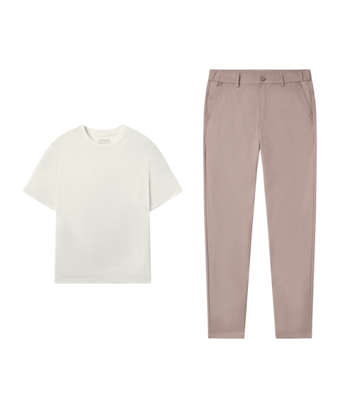 Outfit flat lay: Ecru tee paired with Jetsetter Tech Pant, classic fit, in Oak Khaki