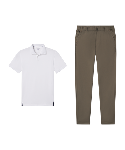 Outfit flat lay: white Clubhouse Pique Polo paired with Jetsetter Tech Pant, classic fit, in Olive Green