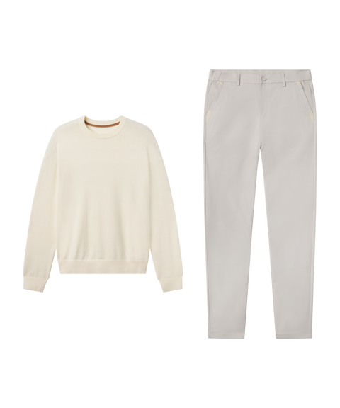 Outfit flat lay: cream Anytime Crewneck Sweater paired with Jetsetter Tech Pant, classic fit, in Sand Stone