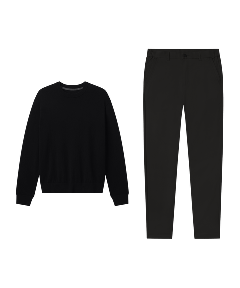 Outfit flat lay: black crewneck sweatshirt paired with Jetsetter Tech Pant, relaxed fit, in True Black